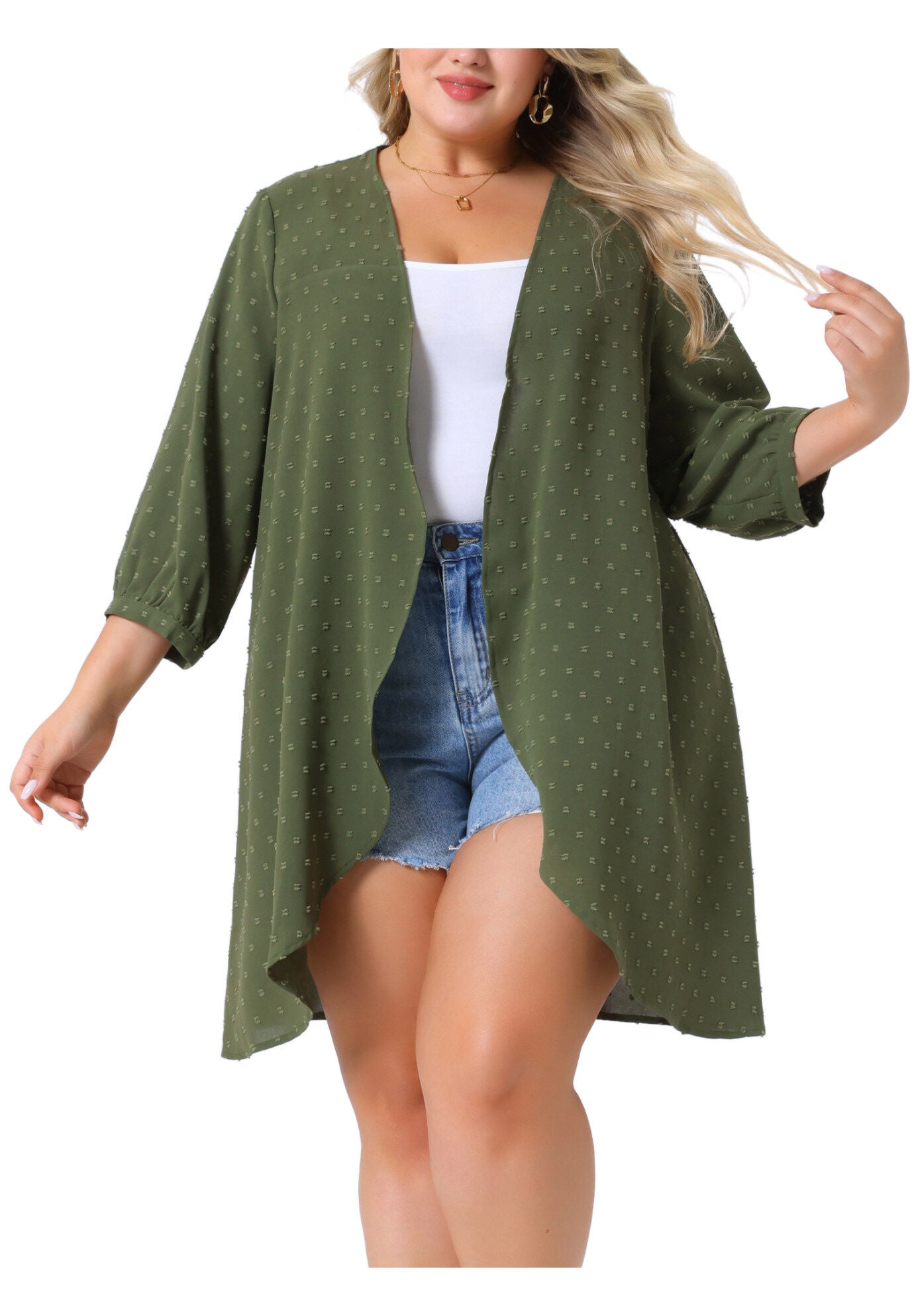 OPEN FRONT 3/4 SLEEVE SWISS DOTS LIGHTWEIGHT COVER UP CARDIGAN, Army Green / Olive Green, alternate image number 2