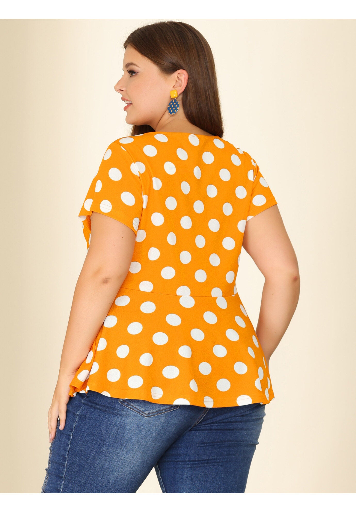 Casual Short Sleeve Polka Dots Peplum Tops Shirts, Orange / Orange, alternate image number 1