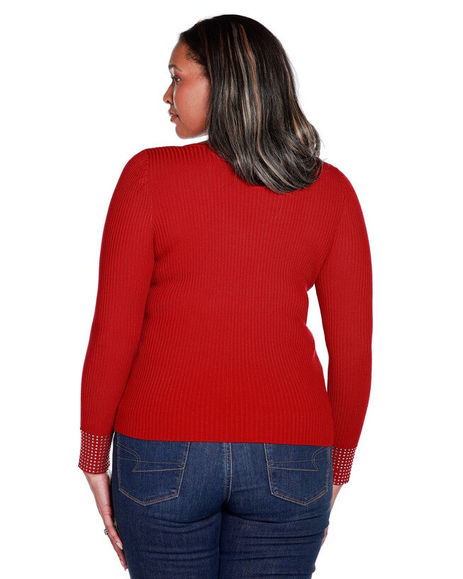 RHINESTONE-TRIM RIBBED SWEATER, Belldini Red / Red, alternate image number 1
