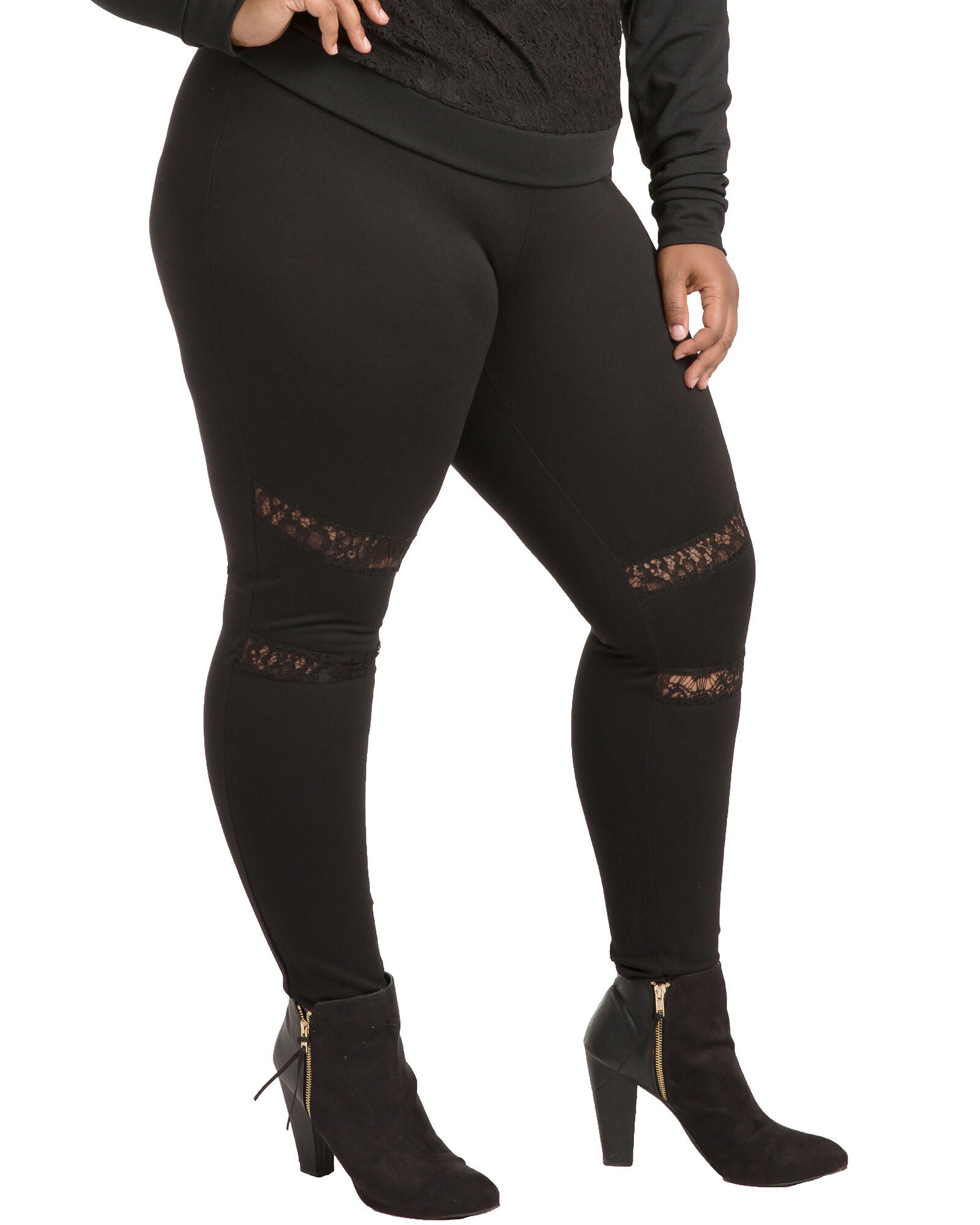 Janet Black Pull On Ponte Leggings with Lace Insert, Black / Black, hi-res image number 0