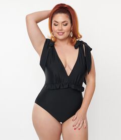 Unique Vintage Black Plunge One Piece Swimsuit