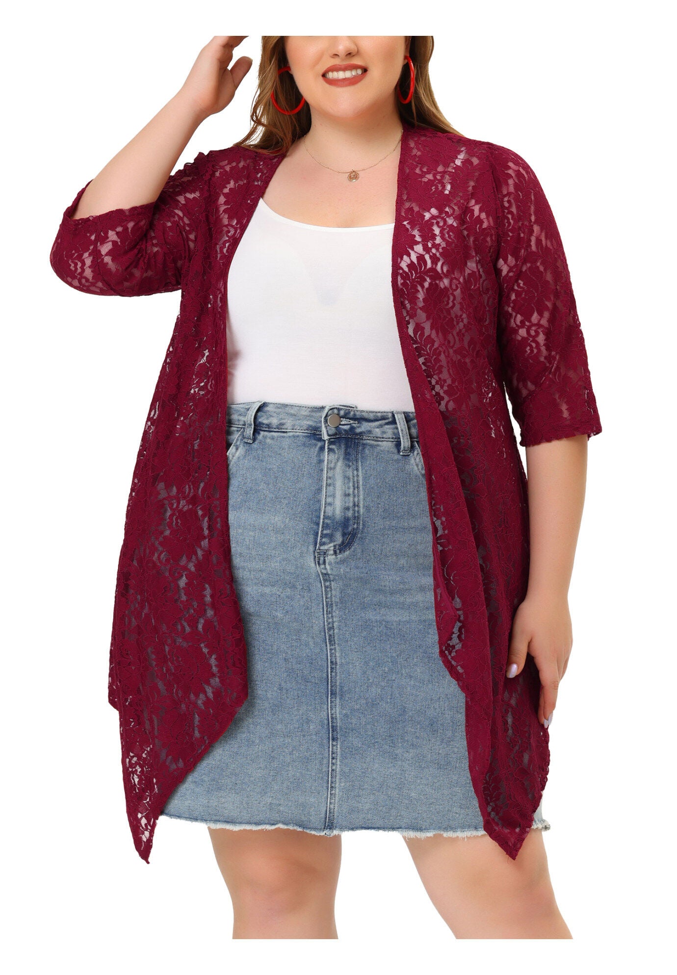 OPEN FRONT 3/4 SLEEVES CROCHET CARDIGAN COVER UP, Burgundy / Red, alternate image number 2