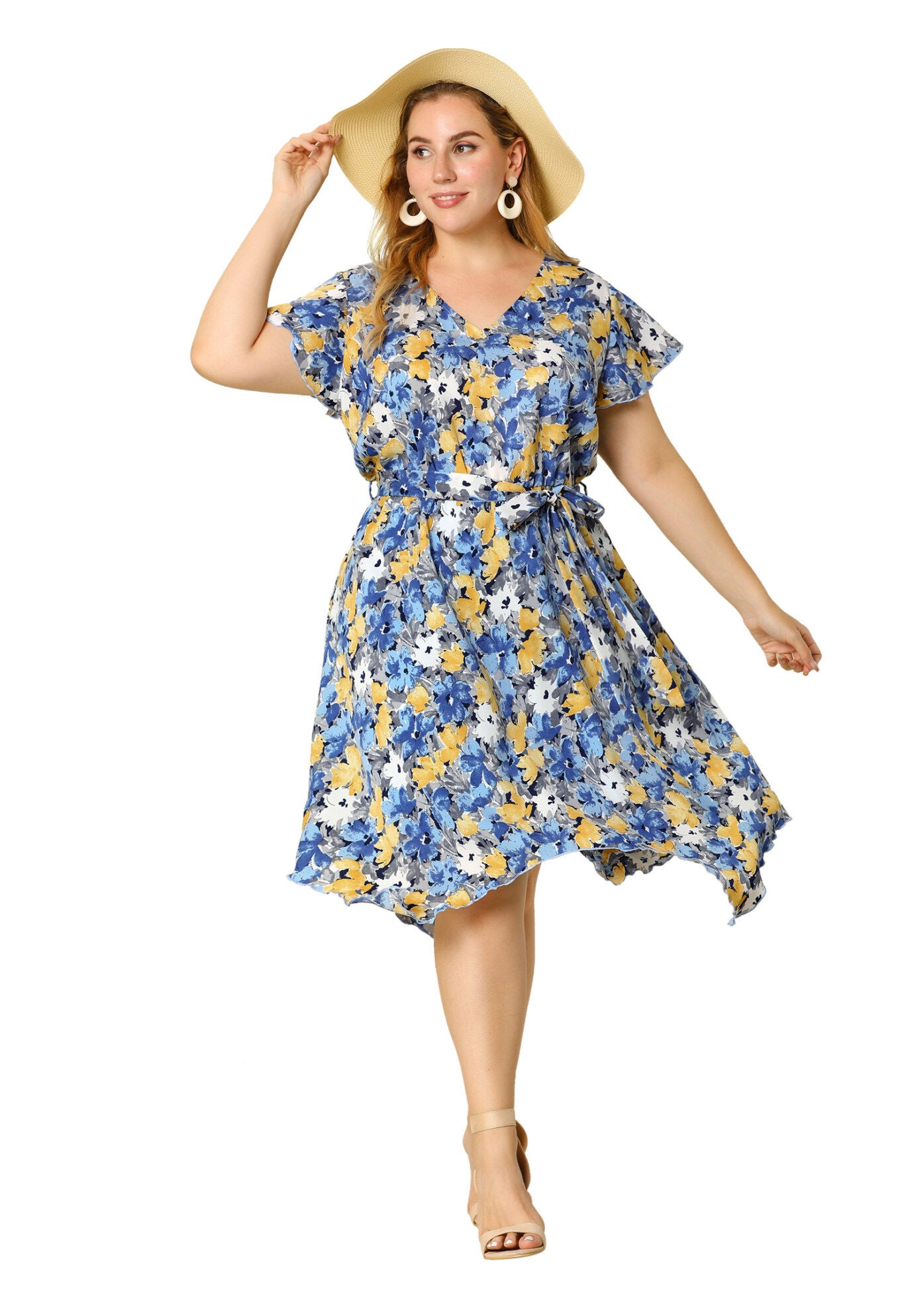 Ruffle Asymmetric High Low Midi Floral Dress, Blue / Light Blue, hi-res image number 0