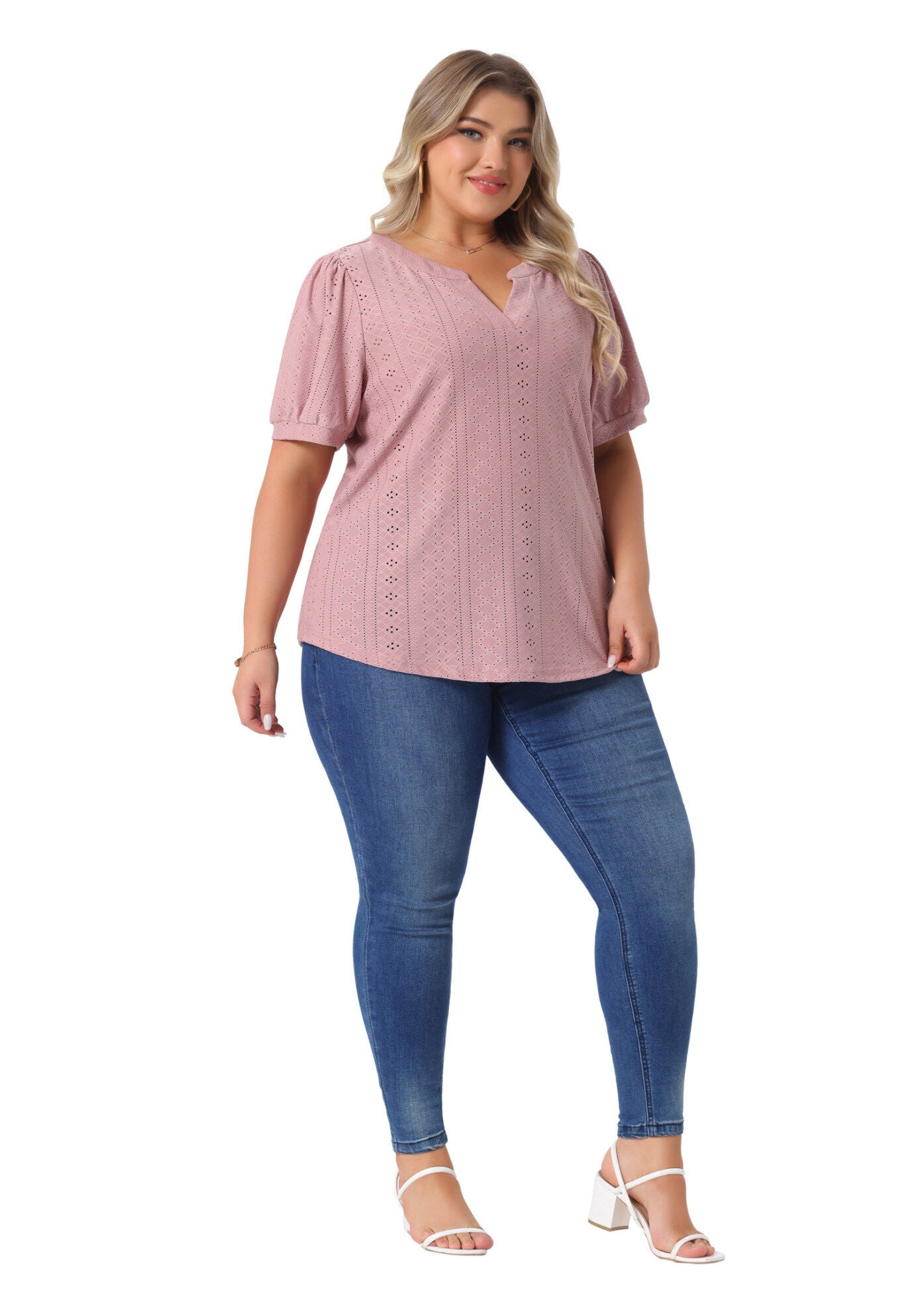 Hollow Casual V Neck Short Sleeve Summer Blouse, Pink / Pink, hi-res image number 0