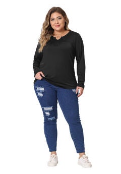 NOTCHED NECK LONG SLEEVE T-SHIRT LOOSE CASUAL TUNIC BLOUSE