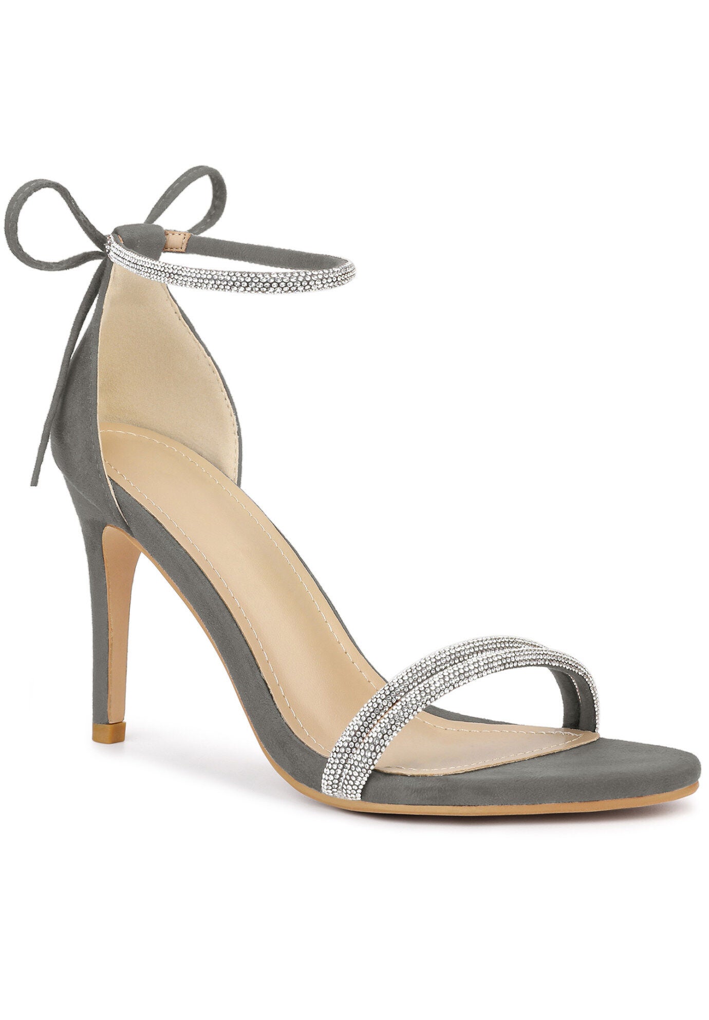 Rhinestone Ankle Tie Stiletto Heels Sandals, Gray / Warm Grey, hi-res image number 0