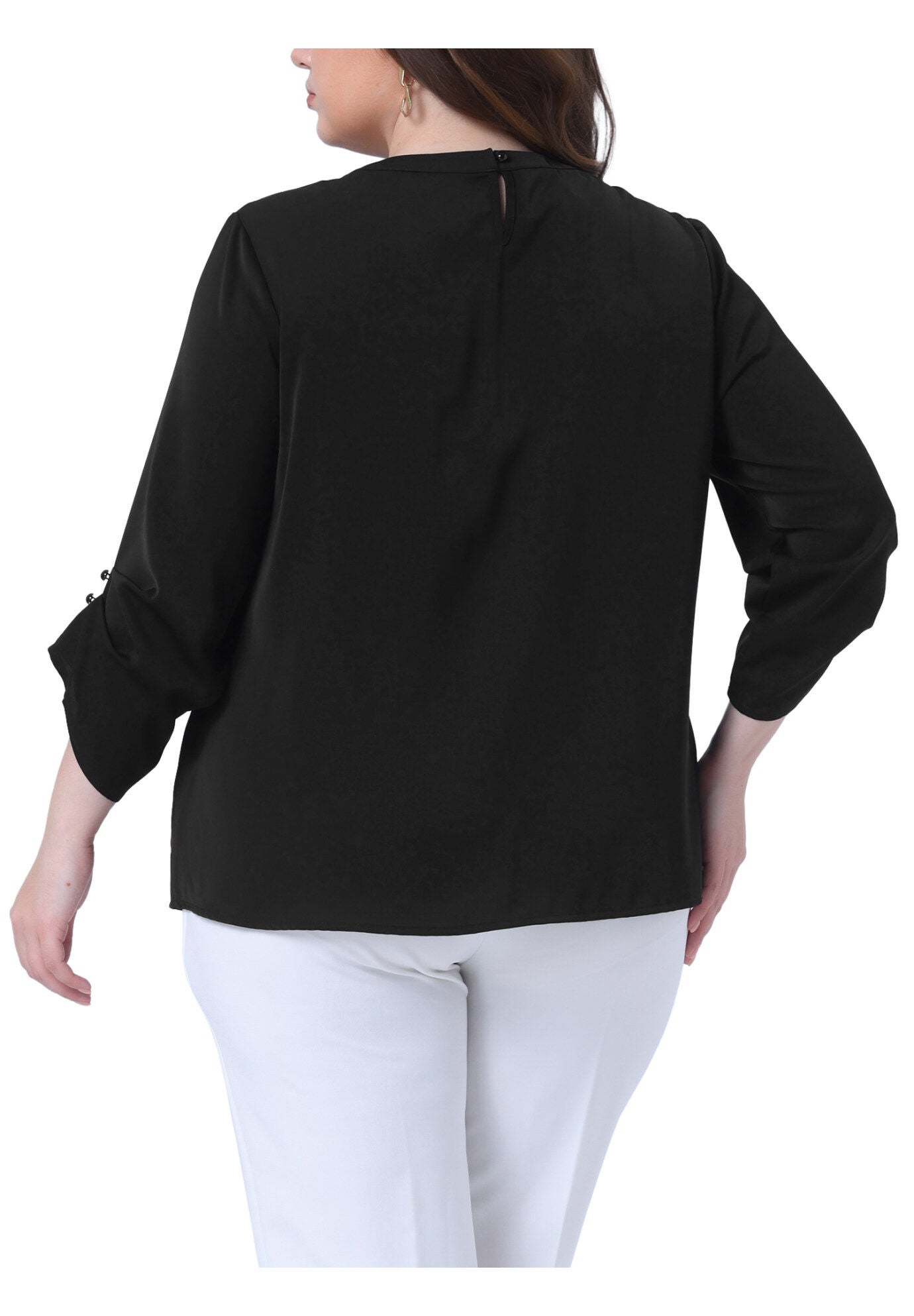 Crewneck Keyhole 3/4 Sleeve Pleated Blouse Shirt, Black / Black, alternate image number 3