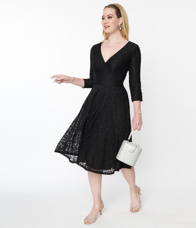 Unique Vintage Black Lace Gilda Swing Dress, Black / Black, alternate image number 4
