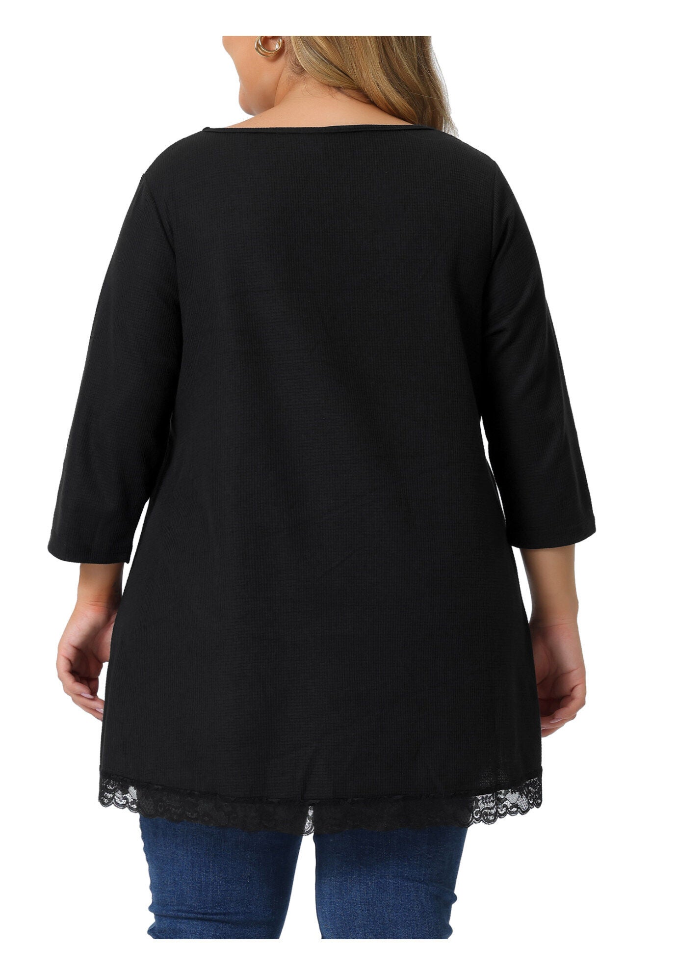 Waffle 3/4 Sleeve Lace Panel Loose High Low Hem Blouse Top, Black / Black, alternate image number 3