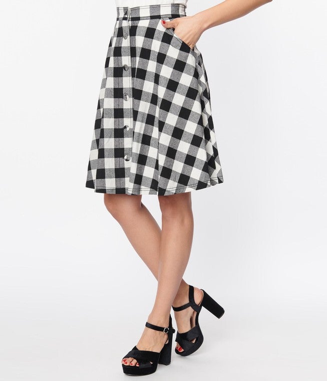 Unique Vintage Black & White Gingham Swing Skirt, Black Gingham / Black, alternate image number 1