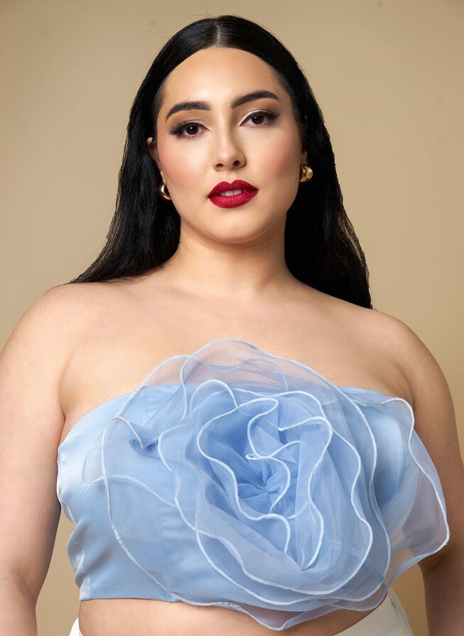 CAMELLIA 3D FLOWER STRAPLESS TOP - CORNFLOWER, Blue / Cornflower Blue, alternate image number null
