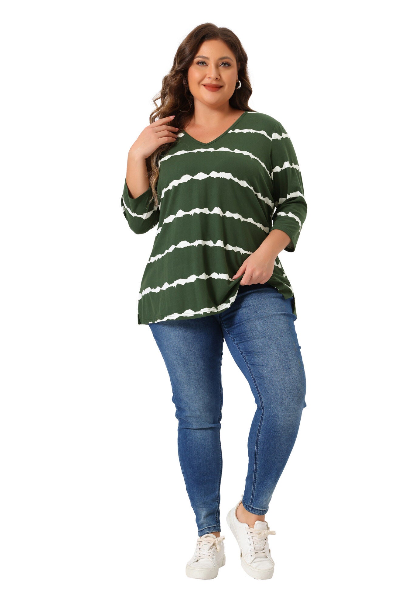 V Neck 3/4 Sleeve Loose Casual Striped Tie Dye Print T-Shirt Top, Dark Green / Hunter Green, hi-res image number 0