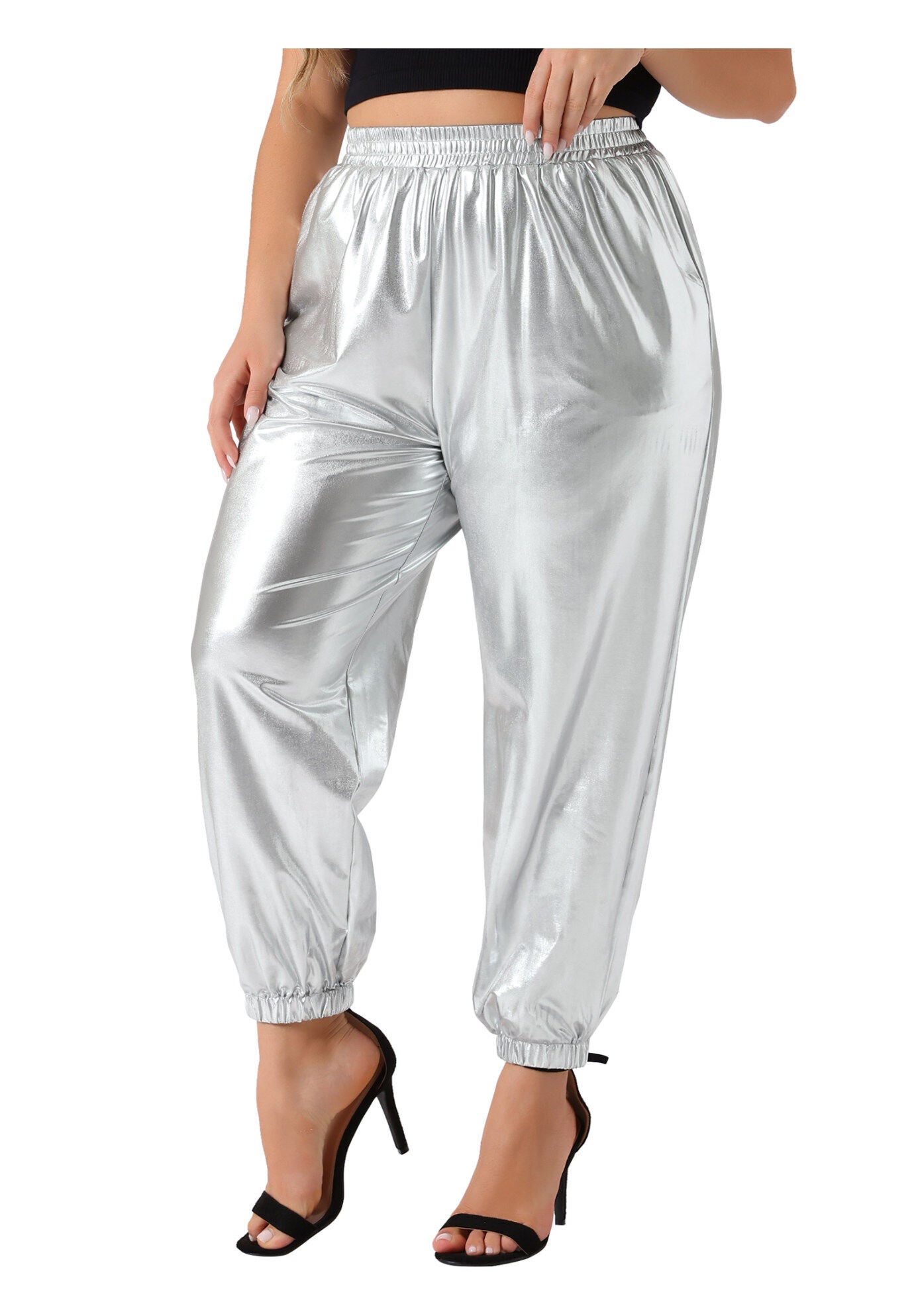 METALLIC SHINY HIGH WAIST STRETCHY HOLOGRAPHIC JOGGER SWEATPANT, Silver / Silver, alternate image number 3