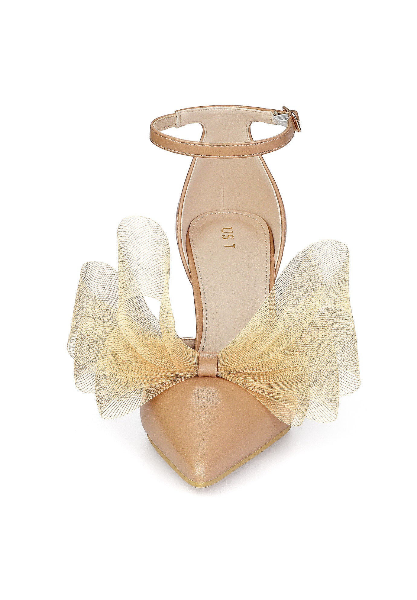 Bow Tie Ankle Strap Stiletto High Heels Wedding Pumps, Nude / Beige, alternate image number 1