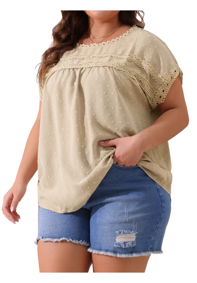 Swiss Dots Lace Crochet Short Sleeve Chiffon Blouse, Apricot / Cream, alternate image number 1