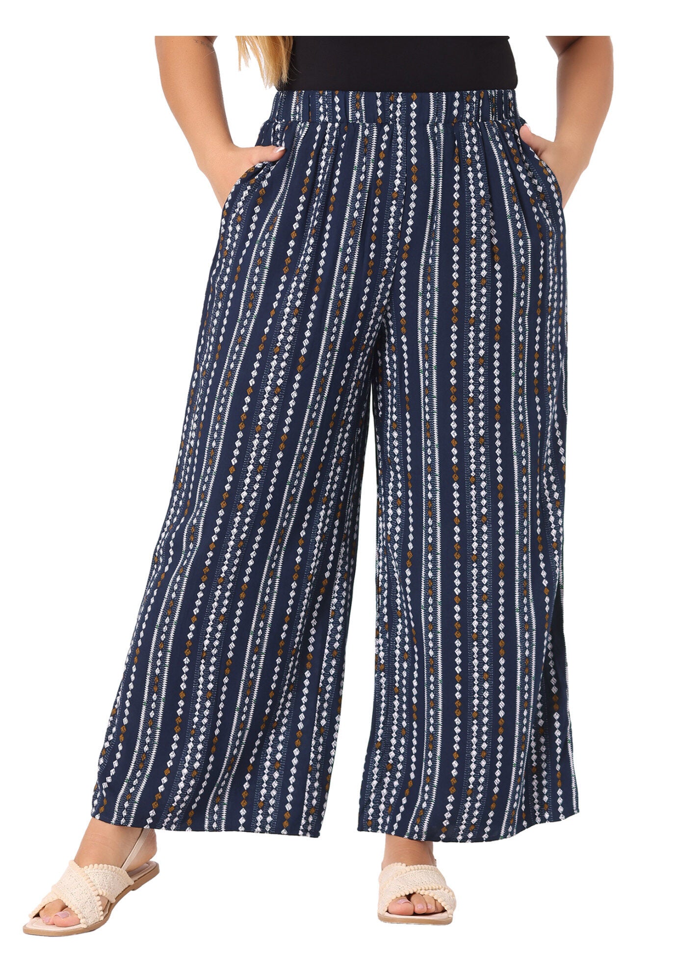 STRIPE BOHO WIDE LEG PAPER BAG PALAZZO PANTS, Navy Blue / Navy, alternate image number 2