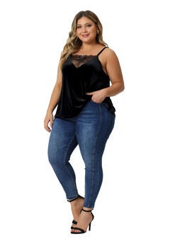 VELVET CAMI LACE DEEP V NECK SLEEVELESS TOP