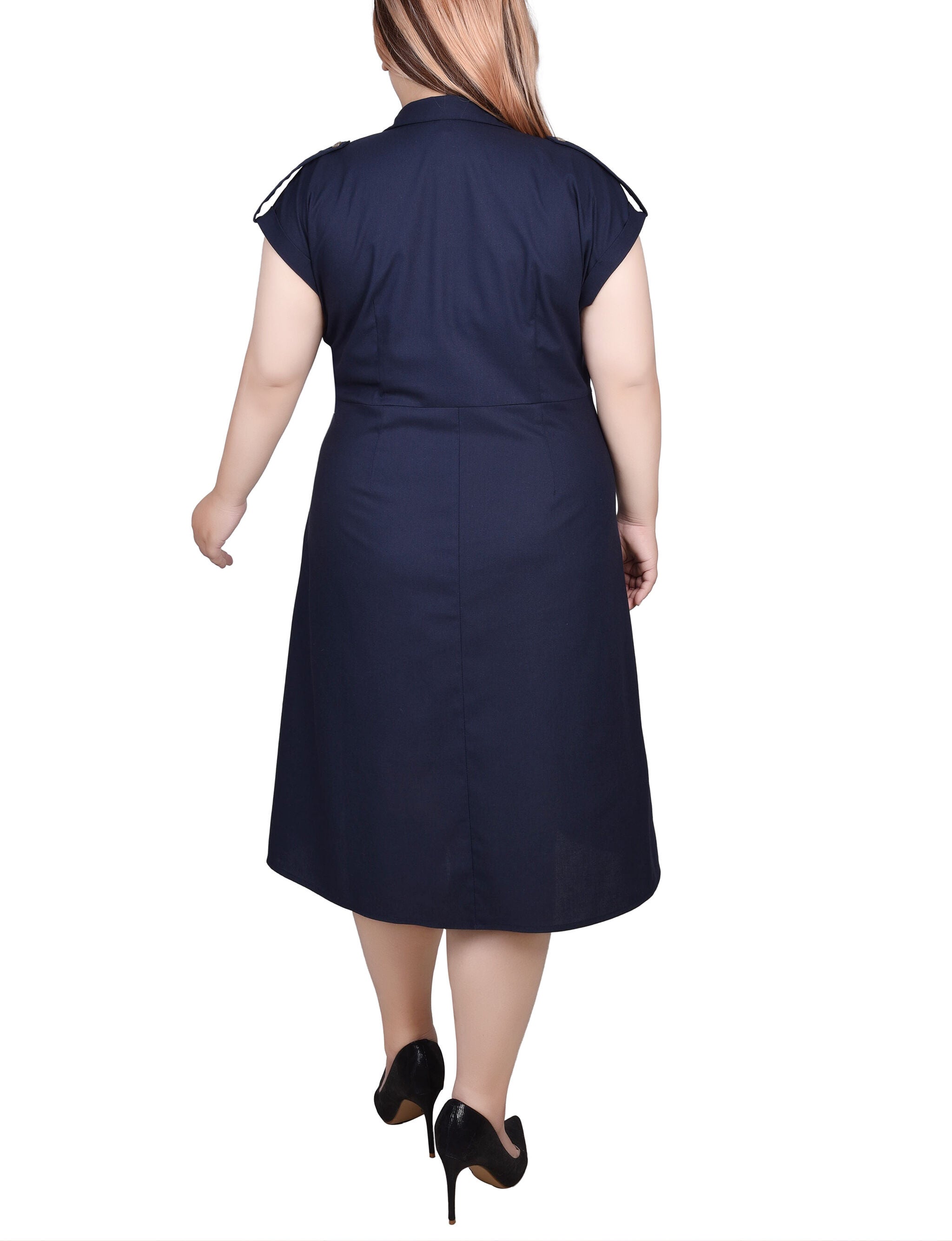 Short Sleeve Button Front Linen Dress, Navy, alternate image number 2