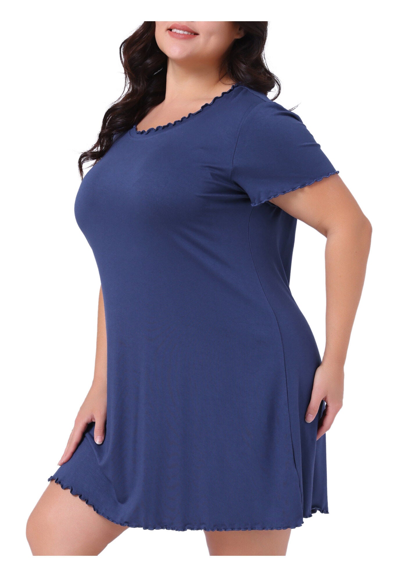 Short Sleeve Ruffle Casual Loose Pajama Dress, Navy Blue / Navy, alternate image number 1