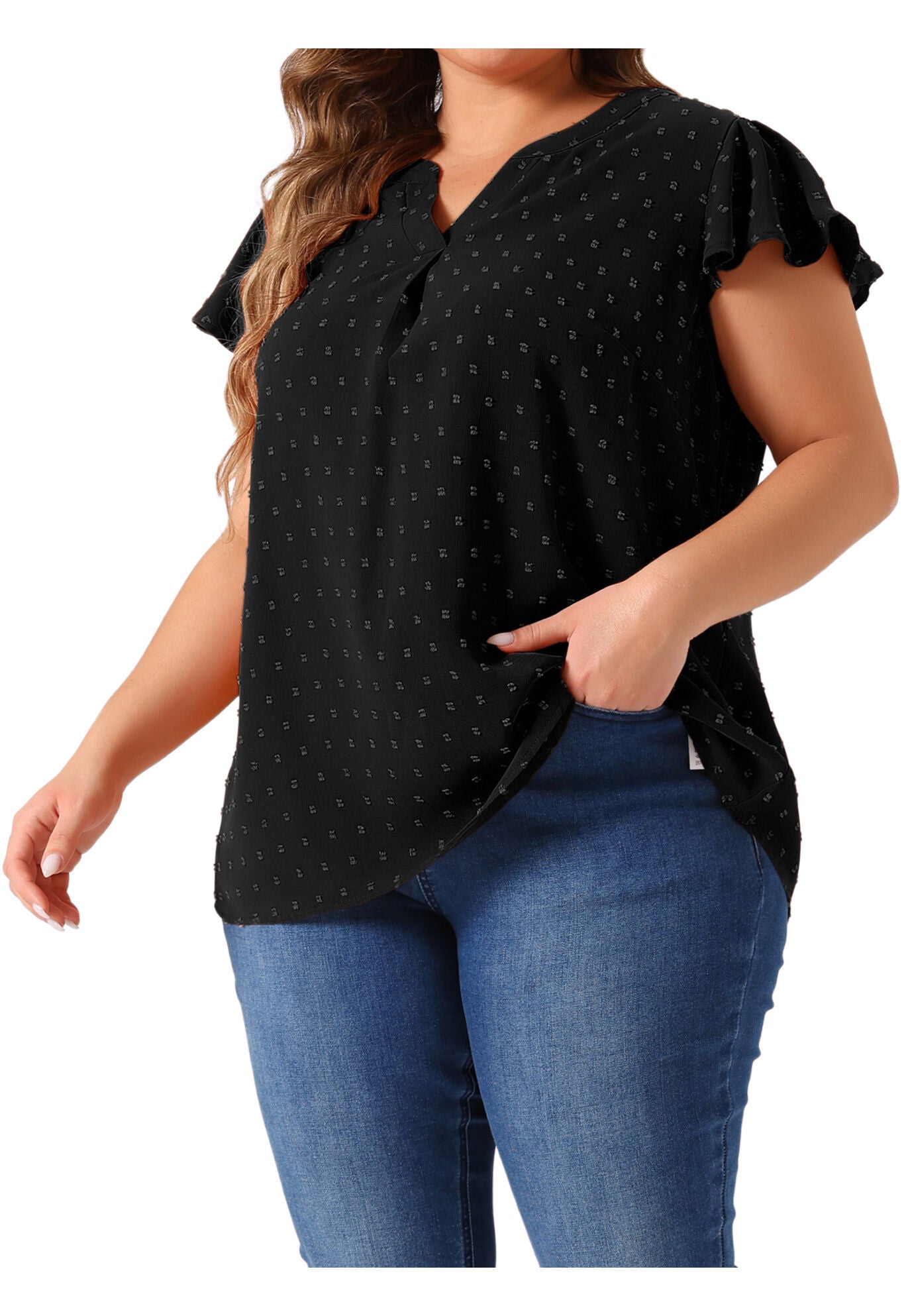Swiss Dots Notched Neck Ruffle Sleeve Blouse, Black / Black, alternate image number 1