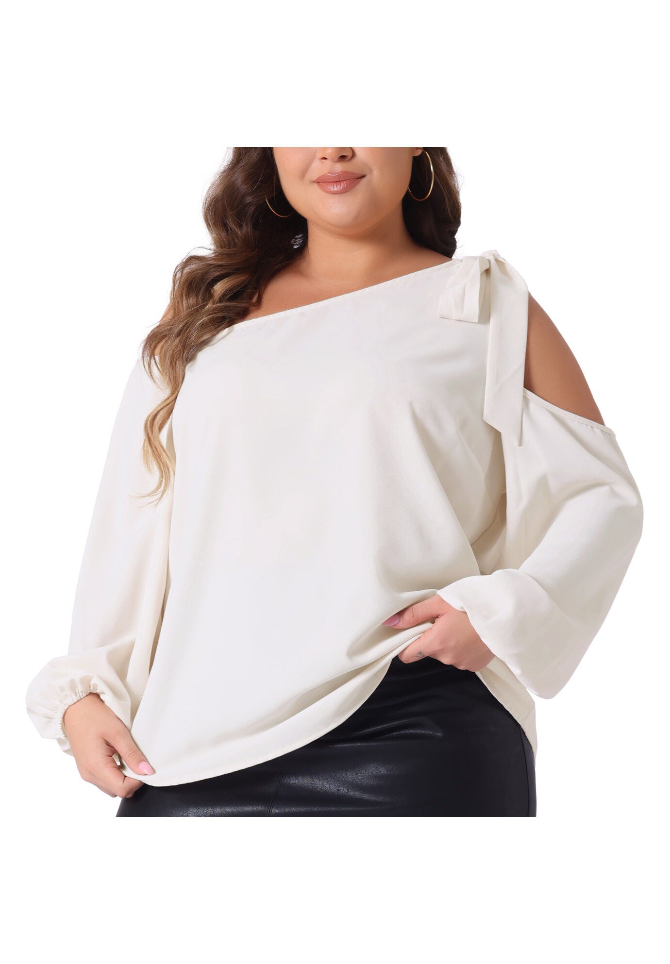 Cold Shoulder Tie Long Sleeve Blouse T-Shirt Tee Top, Beige / Beige, alternate image number 1