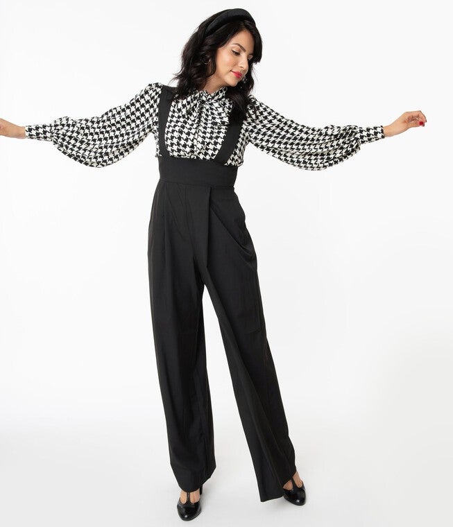 Unique Vintage Black Wide Leg Rochelle Suspender Pants, Black / Black, alternate image number 2