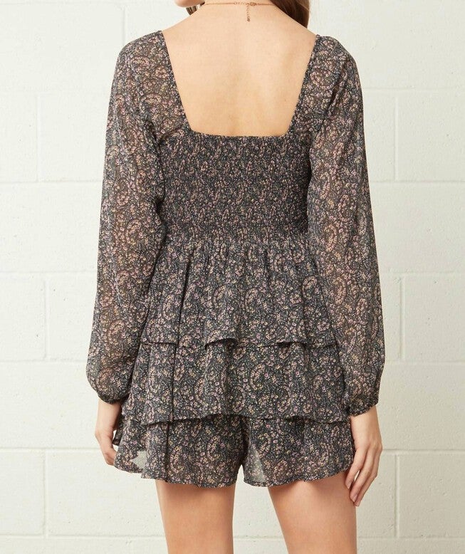 SQUARE NECK LONG SLEEVE ROMPER IN BLACK/FLORAL PRINT, BlackFloral Print / Black, alternate image number null
