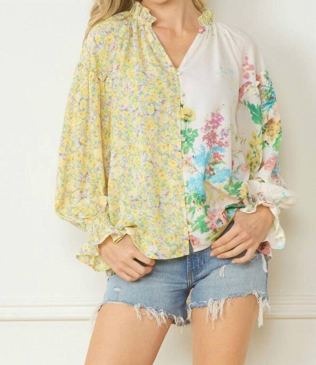 FLORAL CONTRAST PRINT V-NECK BLOUSE IN LEMON AND GREEN, Lemon And Green / Yellow, hi-res image number 0