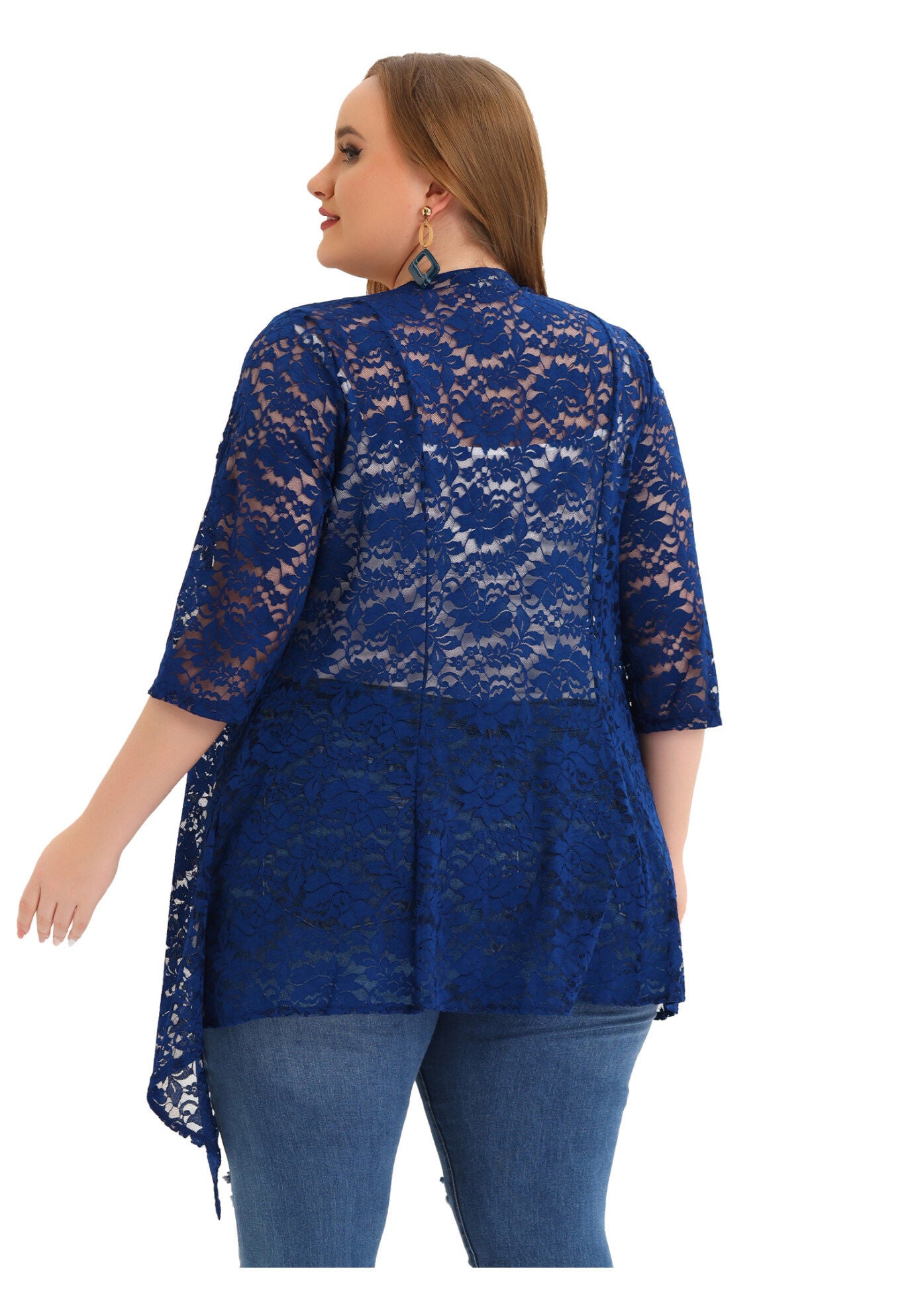 OPEN FRONT 3/4 SLEEVES CROCHET CARDIGAN COVER UP, Blue / Azure Blue, alternate image number 4