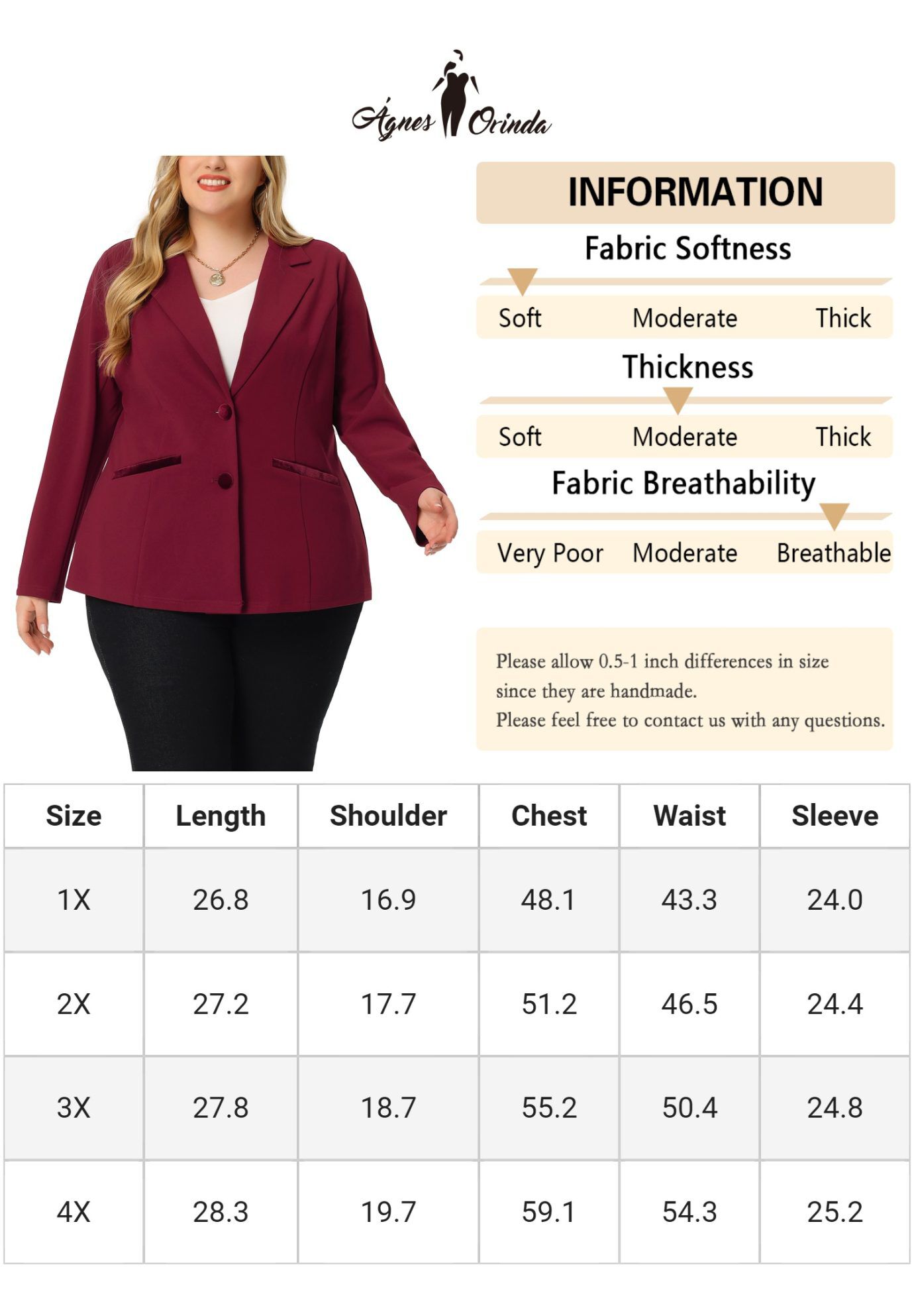 NOTCHED LAPEL V NECK WORK SUIT BLAZER, Burgundy / Red, alternate image number 3