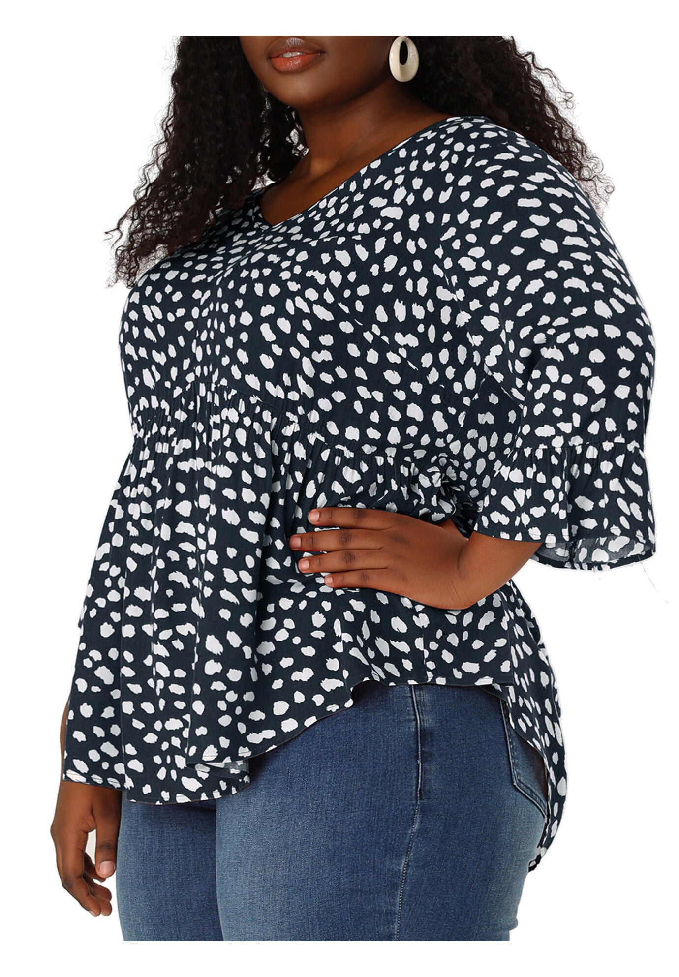 Polka Dots Blouse 3/4 Ruffle Sleeve Peplum Top, Navy Blue / Navy, alternate image number 2