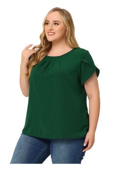 Round Neck Pleated Top Tulip Sleeves Blouse Top