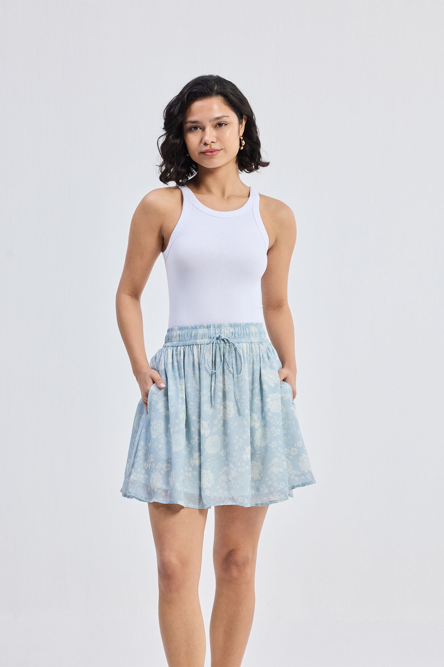 Drawstring Short Skirt in Blue Florals, Floral Whispers / Light Blue, hi-res image number 0