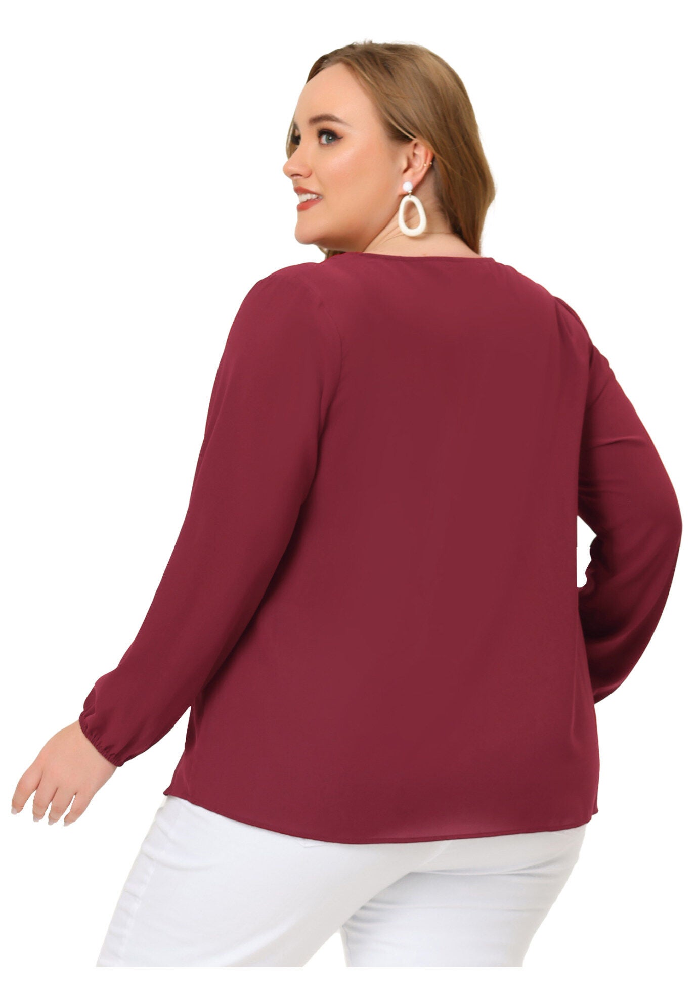V Neck Long Sleeve Ruffle Tie Front Office Work Chiffon Blouse Top, Burgundy / Burgundy, alternate image number 3