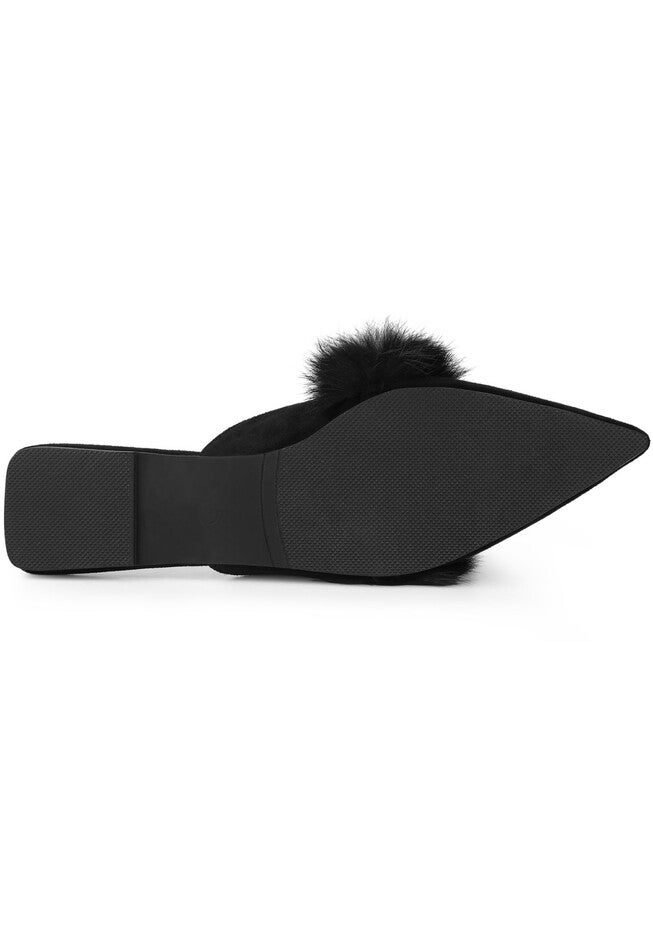 Pointed Toe Faux Fur Slip on Flat Slide Mules, Black / Black, alternate image number 4