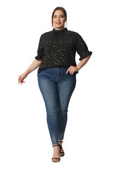Pleated Mock Neck Star Print Puff Sleeve Blouse Top