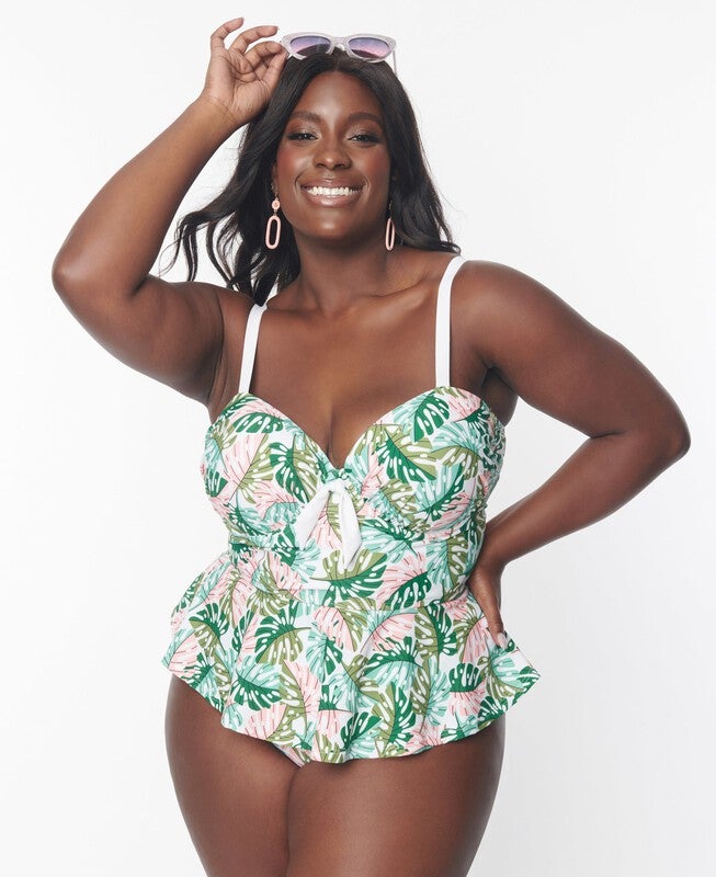 Unique Vintage Green Monstera Print Solana Tankini Swim Top, Green Monstera Print / Forest Green, hi-res image number 0