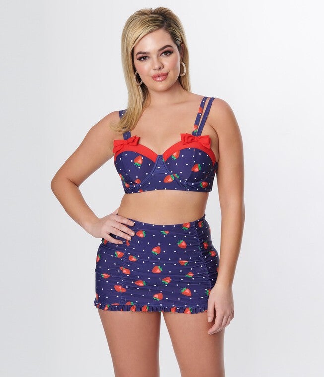 Unique Vintage Navy Strawberry Pin Dot Bowed Over Swim Top, Navy Strawberry Pin Dot / Navy, hi-res image number 0