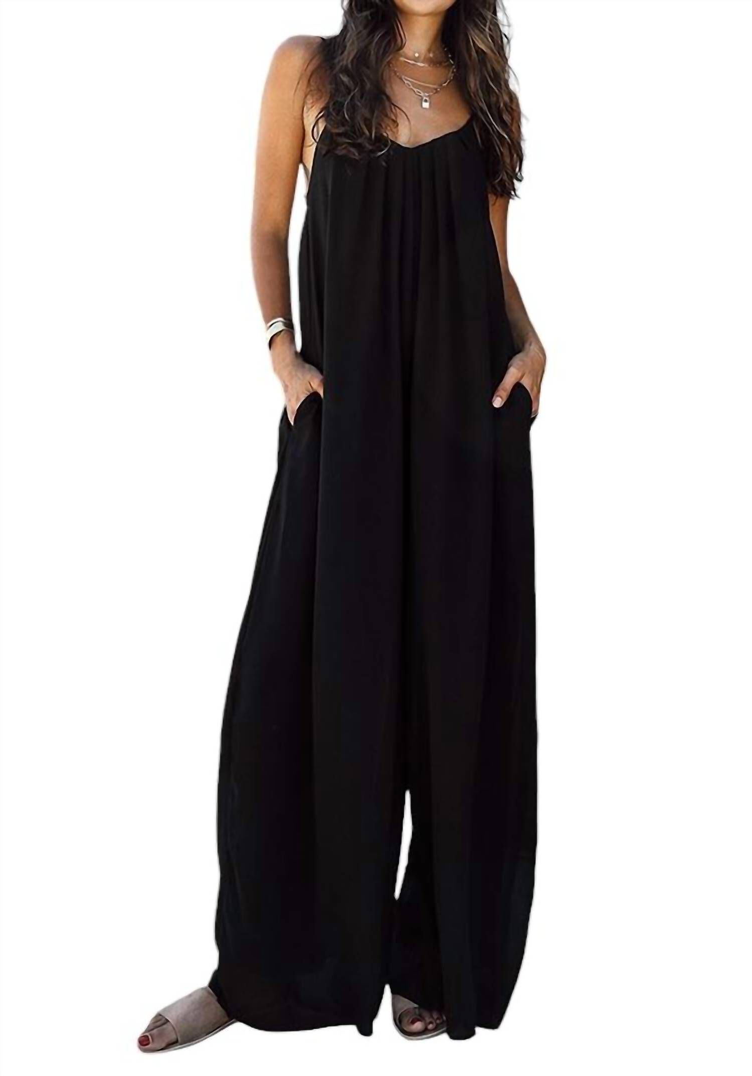 Pleated V Neck Jumpsuit Side Pocket, Black / Black, hi-res image number 0