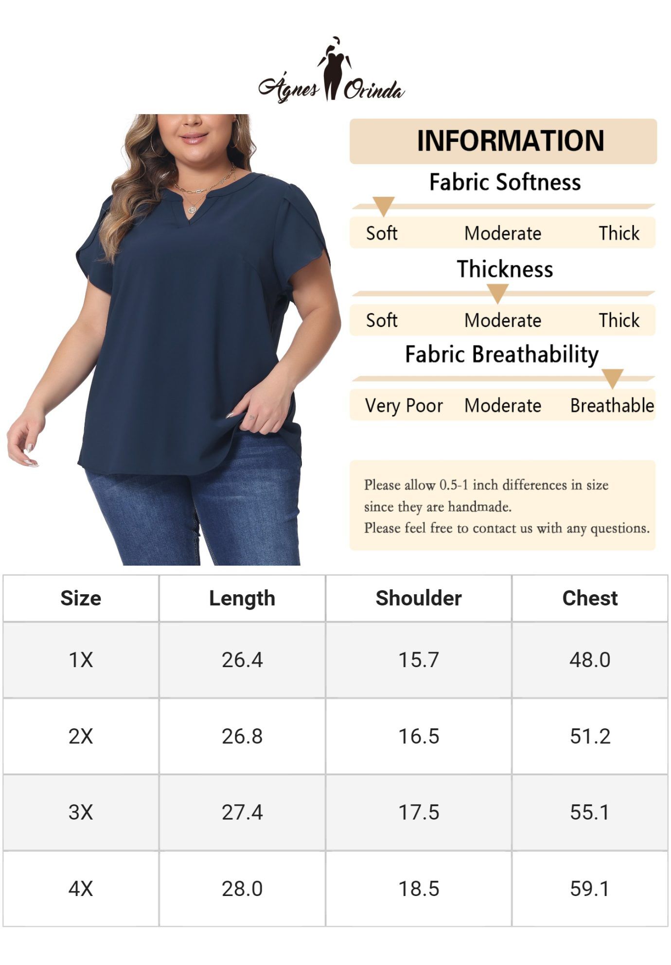 Notched V Neck Short Petal Sleeve Shirt Top, Dark Blue / Navy, alternate image number 4