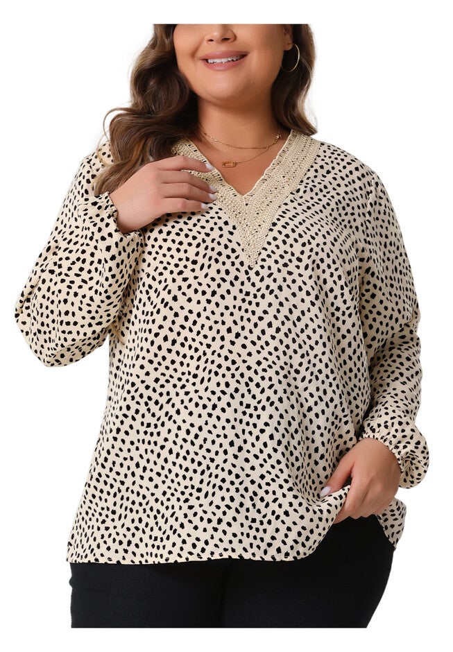 Lace Trim V Neck Long Sleeve Leopard Chiffon Blouses Top, Khaki / Brown, alternate image number 2