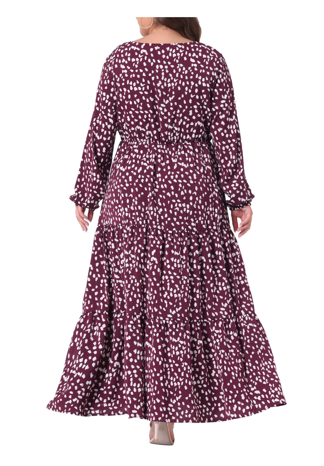 Printed Long Maxi Dress Lantern Sleeve Ruffle Hem Flowy Boho Dress, Dark Red / Burgundy, alternate image number 3