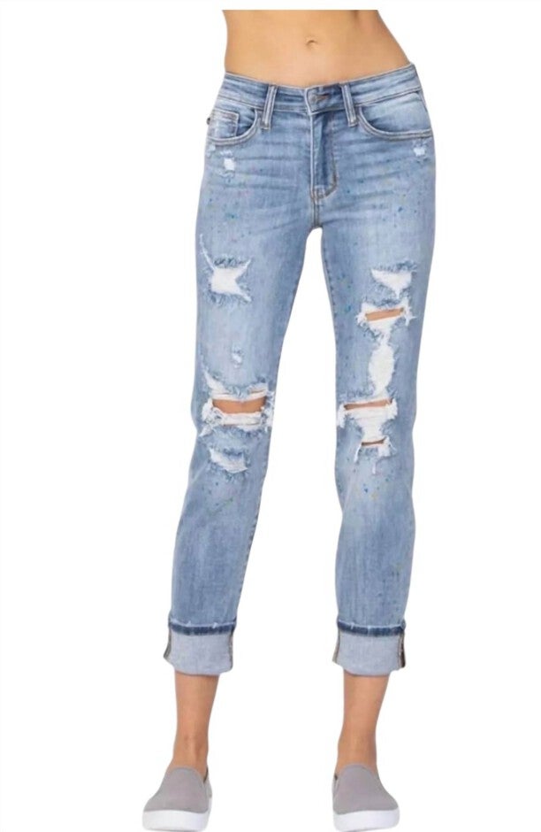 PAINT SPLASH DESTROYED BOYFRIEND JEANS, Blue Paint Speckled / Azure Blue, hi-res image number 0