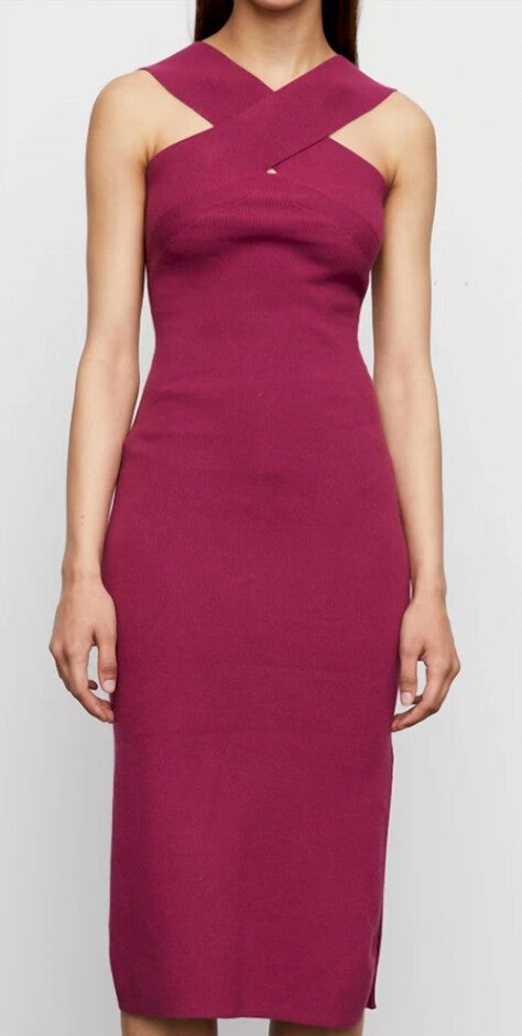 Ruby Rd Cold Shoulder Edith Sculpted Cold Shoulder Ribbed Knit Dress in Ruby | Dia & Co