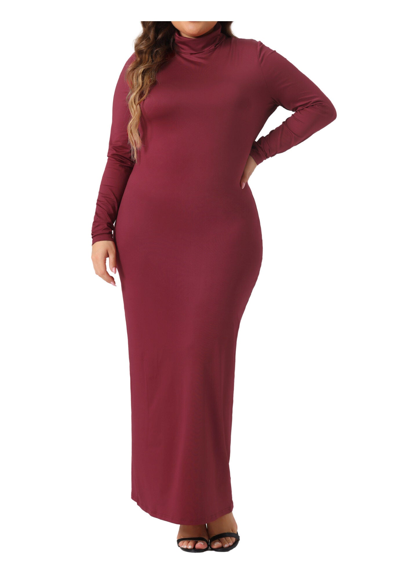 Turtleneck Long Sleeve Bodycon Long Maxi Pencil Dress, Burgundy / Burgundy, alternate image number 2