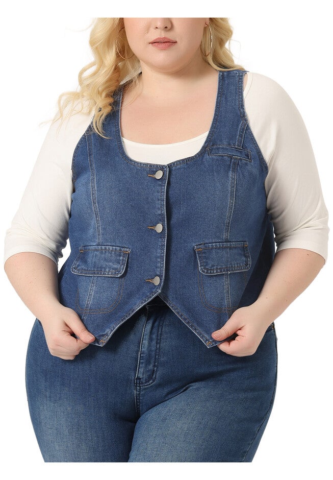 SLEEVELESS BUTTON DENIM CROP WAISTCOAT VEST, Blue / Chambray Denim Medium, alternate image number 2