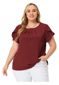 Round Neck Pleated Top Tulip Sleeves Blouse Top