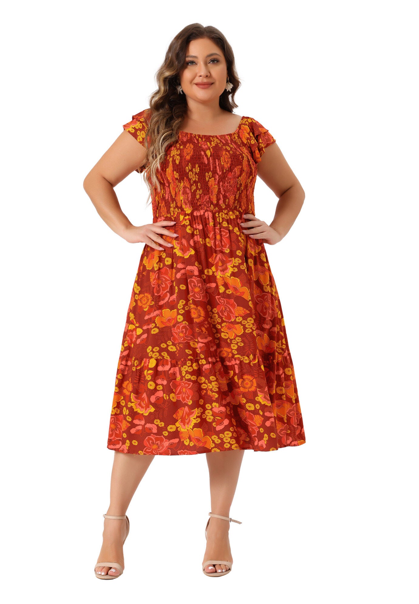 Square Neck Flutter Sleeve Smocked High Waist Flowy Summer Midi Dress, Brick Red / Red, hi-res image number 0