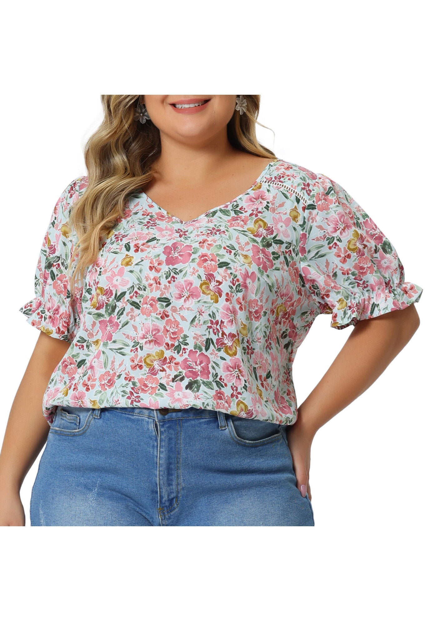 V Neck Ruffle Short Sleeve Chic Summer Blouses, Green / Mint, alternate image number 2