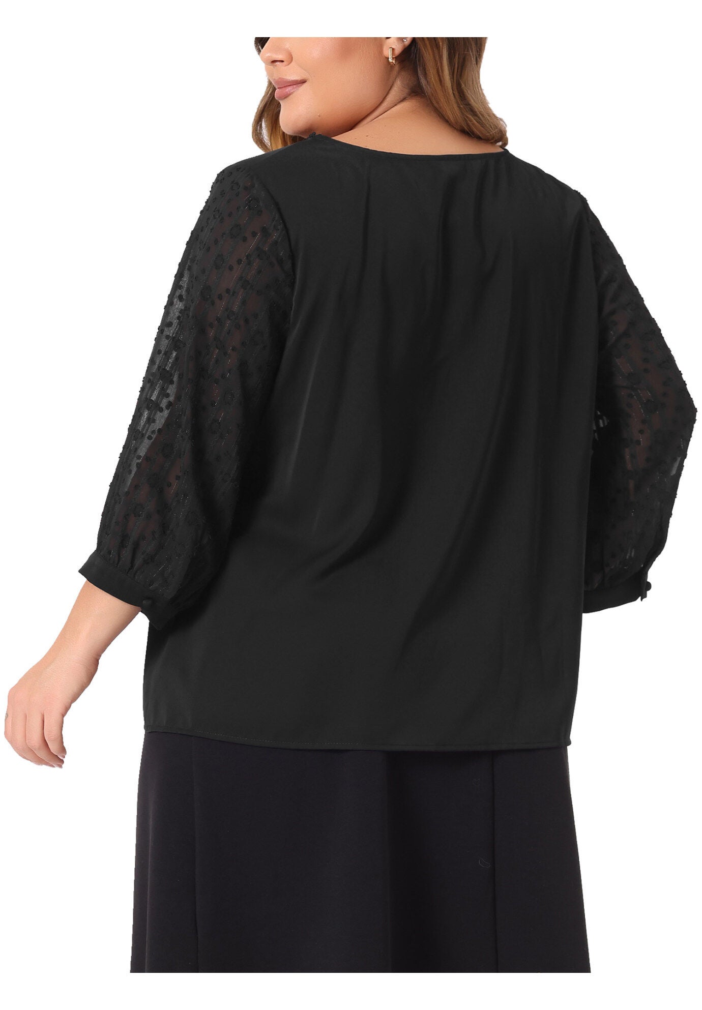 V Neck Sheer Lace Panel 3/4 Sleeve Button Up Lace Top, Black / Black, alternate image number 3